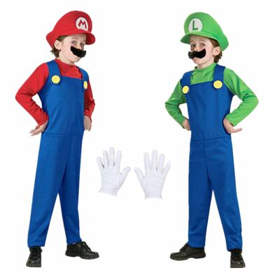 Child Anime Funny Halloween Costumes Super Mari Luigi Brother Costume Kids Fancy Cosplay Jumpsuit