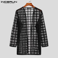 Medussa INCERUN คาร์ดิแกนลำลองสำหรับบุรุษ Beacher Baggy Checked Cardigans See Through Kimonos (สไตล์ตะวันตก)