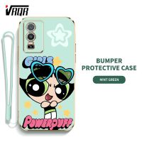 VRQR Powerpuffy เคสโทรศัพท์สำหรับหญิงสาวน่ารักสำหรับ Vivo Y76 5G Y76S 5G รัมเปลือกนุ่มบางพิเศษ Super Girl (ฟรีสายคล้องรวม)