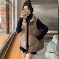 【cw】2022 Autumn and Winter New Korean Style Casual Hooded Short down Cotton Vest Women Drawstring Cotton Vest Waistcoat Jacket