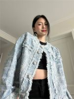 ZZOOI Vintage Blue Tweed Jacket Spring Autumn Women Ladies Casual Patchwork Tassel Outwear Vintage Street Woman Plaid Denim Jacket