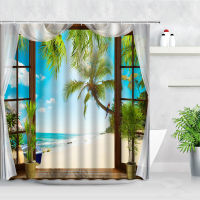 Palm Trees Ocean Scenery Shower Curtain 3D Creative Window Parrot Beach Tropical Green Plants Home Decor Hooks Bathroom Curtains