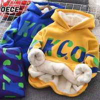 OECE เสื้อกันหนาวมีฮู้ดผ้าฟลีซสำหรับเด็กผู้ชาย เสื้อสเวตเตอร์หนาพิมพ์ลายสไตล์เกาหลีสําหรับเด็ก เสื้อสเวตเตอร์กันความร้อนสำหรับเด็ก