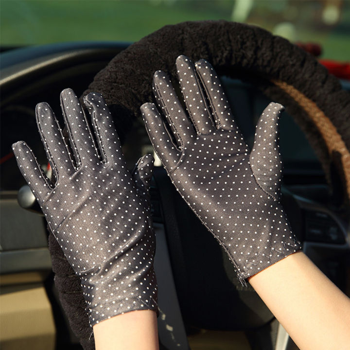 ถุงมือขับรถมีจุดบางกันแดดผ้าสแปนเด็กซ์กันยูวีสำหรับฤดูใบไม้ผลิถุงมือสตรี