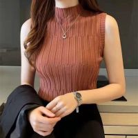 [A LIKE] ถักแขนกุดด้านบน WomenTop สีทึบคอเต่าสุภาพสตรีท็อปส์สตรีเสื้อผ้าท็อปส์ผู้หญิงสบายๆสุภาพสตรีเสื้อ