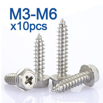 10pcs/lot M3 M4 M5 M6 Phillips Driving Hexagon Head Flange Self Tapping Screws With Washer 304 Stainless Steel Cross Nails Screws Fasteners