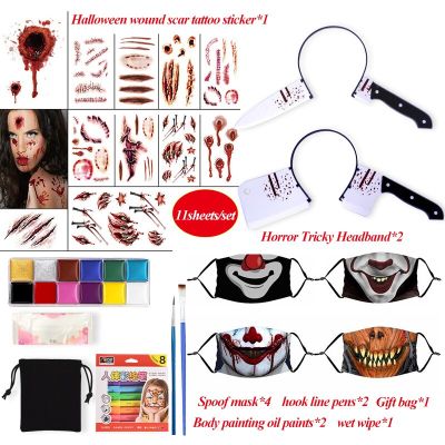 Halloween Carnival Party Props Wound Scar Tattoo Sticker Horror Tricky Knife Headband Spoof Mask Body Face Painting Paint 23pcs
