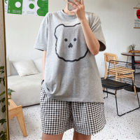 Cute Bear Pajamas For Women Plaid Nightwear Loose Home Clothing Cozy Breathable Short Sleepwear For Teenager Girls Simple Nighty