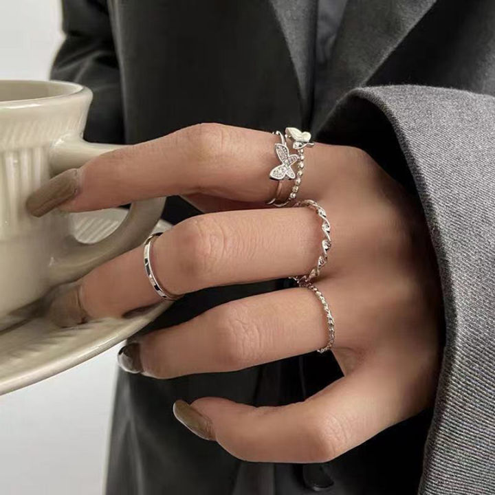 ruyifang-ชุดแหวนเปิดสไตล์ฮิปฮอปพังค์3ชิ้น-4ชิ้นแหวนสตรีแหวนโลหะผีเสื้อ