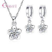 Fashion Simple 925 Sterling Silver Plum Blossom Pendant Necklace Earring For Women Girl Cubic Zircon Jewelry Sets Bijoux