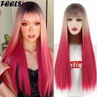 FEELSI Synthetic Hair Long Straight Wig With Bangs Ombre Christmas Red Wig Orange Black Pink 26Inch Halloween Cosplay For Women Wig  Hair Extensions P