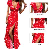 【Ladies shop】 WomenPolka Dot High SplitShort Sleeve SashesLong Dresses NewSexy V Neck Beach Boho Dress