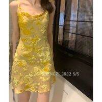 [spot s hair] port of wind restoring ancient ways is yellow burnt-out velvet strap dress little senior temperament skirt