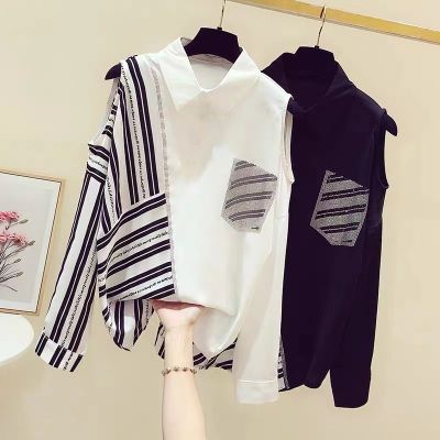 European-Made Hot Drilling Striped Stitching Western Style Shirt Womens 2022 Early Spring New Shoulder Shirt Design Niche Top