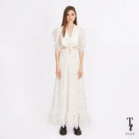 TandT - ROSE EMBROIDERED WIDE COLLAR CUT-OUT WAIST LACE TRIM MAXI DRESS เดรสยาวทรงปล่อยบาน คอปกกะลาสีขอบมนปักดอกกุหลาบกลางอก แขนยาวรูดย้วยหัวแขน ตัดต่อเว้ากลางเอว