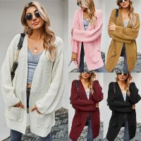 K0Autumn V-Neck Vintage Solid Knitted Cardigan Womens Coat Winter Plus Thick Sweater Long Cardigan Coat