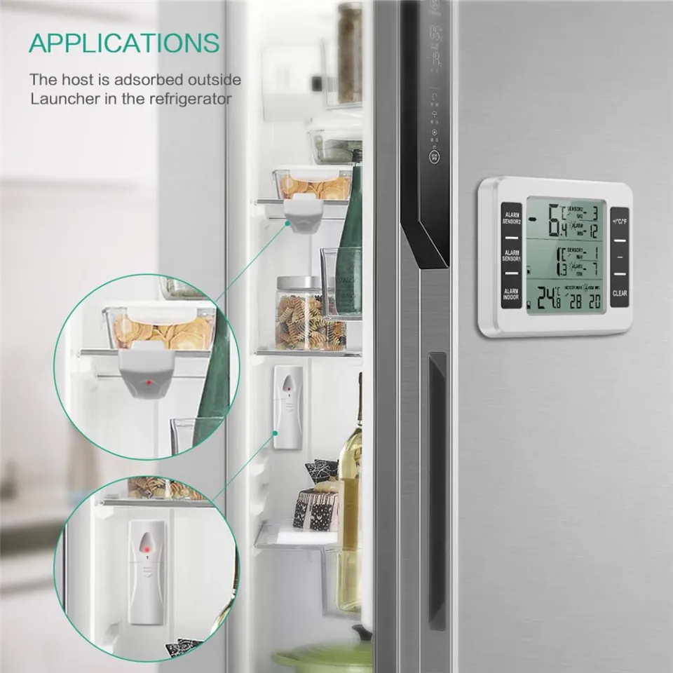 Brifit Refrigerator Thermometer, Wireless Digital Freezer Thermometer with 2 Sensors, Audible Alarm, Min and Max Record, Large LCD Display for Home