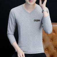 [COD] new mens long-sleeved T-shirt Korean version V-neck student bottoming large size autumn clothes men