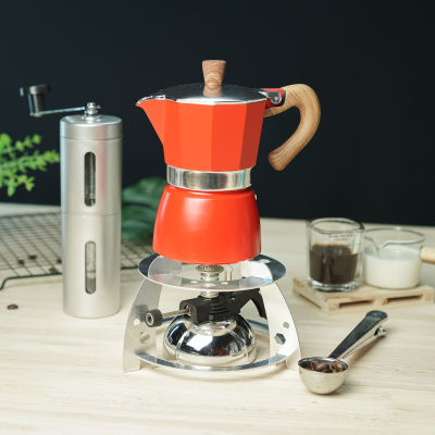 (สีแดง) ชุดเตาแก๊สมินิ + กาต้มมอคค่าพอท Moka pot + เครื่องบดมือหมุน + 2-1 ช้อนตักกาแฟ