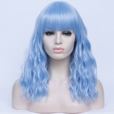 Hot GAKA ผู้หญิงสังเคราะห์วิกผมสีฟ้าน่ารัก Bangs ยาวหยักปลอมผมธรรมชาติ Party Cosplay Wigs สำหรับ Female