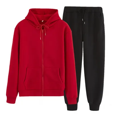 Women Tracksuit Men 2 Pieces Set Autumn Winter Hooded Sweatshirt+Pants Solid Color Zipper Hooded with Pockets Sportswear Outfits