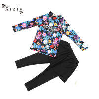 Xiziy 2 ชิ้น/เซ็ตเด็กสาวแยกชุดว่ายน้ำสไตล์มุสลิมแขนยาว + เจ้าหญิงกางเกงกระโปรงพิมพ์ชุดว่ายน้ำชุดสำหรับ 5-11 ปี