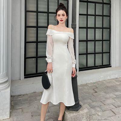 ☾❀▼ KAVISSO New Design Chiffon Long Sleeve Splicing Elegant White Dress Party One Shoulder Sling Slim Fishtail Dress Hot Sale S XL
