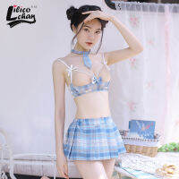 4Pcs Backless Plaid Women JK School Uniform Vintage Underwear Set High Waist Mini Skirt Bow Bare Chest Costumes Jananese