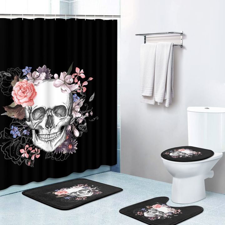 black-skull-skeleton-ผ้าม่านอาบน้ำพิมพ์ลาย-horrible-halloween-festival-bathroom-curtain-sets-decor-pedestal-rug-lid-car