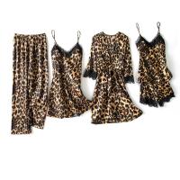 Leopard Robe Suit Female Sexy Sleepwear Pajamas Nightwear Silky Nightgown Loose Kimono Bathrobe Gown Lace Home Clothes