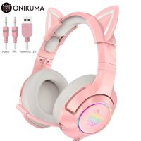 Onikuma K9 / X11 ชุดหูฟังเกมเมอร์ PC สีชมพู หูแมวน่ารัก เด็กผู้หญิง RGB หูฟังเกมมิ่ง พร้อมไมโครโฟน สําหรับโทรศัพท์ PS4 แล็ปท็อป + ST-2 ขาตั้ง