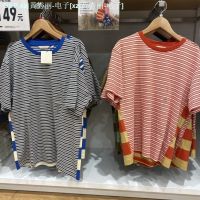 เสื้อสำหรับทั้งหญิงและชายแขนสั้นสำหรับฤดูร้อน UNIQLO สีตัดกันเข้ากับทุกชุดเสื้อยืดลายทางคู่