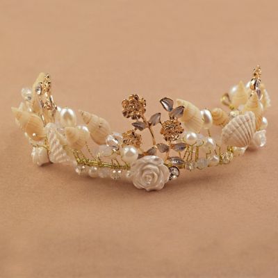 ที่คาดผมนางเงือก Pearl Shell Crown สำหรับเจ้าสาวงานแต่งงานชายหาดอุปกรณ์แต่งผมเจ้าสาวเปลือกหอย Tiara Headpiece พรหม