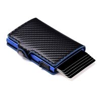 CASEKEY Credit Card Case Mini Wallet Men RFID Carbon Fiber Pu Leather Smart Vallet Small Aluminum Card Holder Portafoglio Uomo