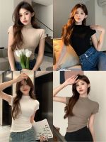 ♠☏ ZARA KISS Pure desire short-sleeved half-turtle collar T-shirt for women versatile solid color top hot girl tight inner wear right shoulder bottoming