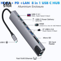 ฮับ USB 8-In-1ตัวแปลงแบบหลายพอร์ตอะแดปเตอร์3.1-4K RJ45ตัวอ่านบัตร TF PD ชาร์จเร็วใช้ได้กับ MacBook