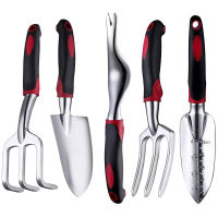 Garden Tool Set, 5 Piece Aluminum Garden Gift Tool Set with Non-Slip Rubber Handle (Black/Red)