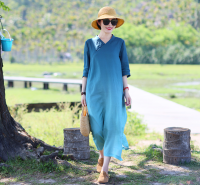 Wewae6323สไตล์จีน Cheongsam Qi-Pao ผู้หญิง2022 Retro วรรณกรรม Ramie Blue Gradient Dress