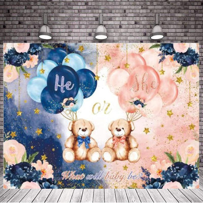 Bear Gender Reveal Backdrop Pregnant Gender Neutral Party Background He Or She What Will Baby Be Banner Navy and Blush Floral