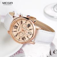 Megir Womans Chronograph Quartz Watch With 24 Hours And Calendar Display White Leather Strap Wrist Stopwatches For Ladies 2058L