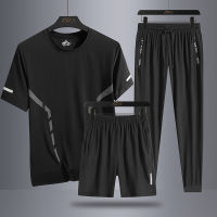 Spot Set MenS New Summer Ice Silk Speed Sports Casual Short -Sleeved T -Shirt Thin Pants Three -Piece