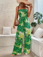 Leaf Print Strapless Sleeveless Jumpsuit Women 2023 Summer Sexy Slim Chest Wraps High Waist Wide-leg Pants Drawstring Jumpsuits