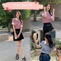 DD SHOPพร้อมส่ง 50062-3 เสื้อไหมพรมแขนสั้น คอปก 2ชั้นติดกัน ดีเทลเสื้อลายเปีย