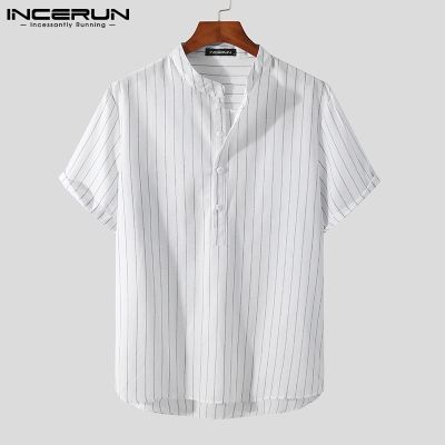 INCERUN Men Casual Striped Short-sleeved Buttons Up Plus Size Shirts