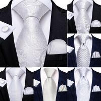 ❡✸ Elegent Mens Ties White Floral Hanky Cufflinks Set Silk Neckties Wedding Party Business Mens Tie 2023 New Fashion Brand Hi-Tie