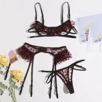 《Be love shop》3 Pieces Lace Hollow Sexy Bra and Panties Set Bright Stars Girl Heart Underwear Suit Contrast Sequin Mesh Garters Lingerie Set