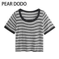 PEAR DODO การ์เด้นคอด้านบนสำหรับผู้หญิงแขนสั้นถักลายเกาหลี