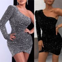 ZZOOI Sexy Backless Sequin Bodycon Mini Dress Women One Shoulder Long Sleeve Pleated Ruched Evening Cocktail Dresses Gown