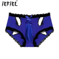 Men Lace Trim Bulge Pouch Briefs Elastic Waistband Low Waist Leotard Underpants Hollow Out Sissy Underwear for Lingerie Party