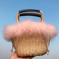 Natural Straw Bag Women Hand-Woven Handbag Rattan Bag Big Capacity Drawstring Casual Beach Feathers Basket Bag Holiday